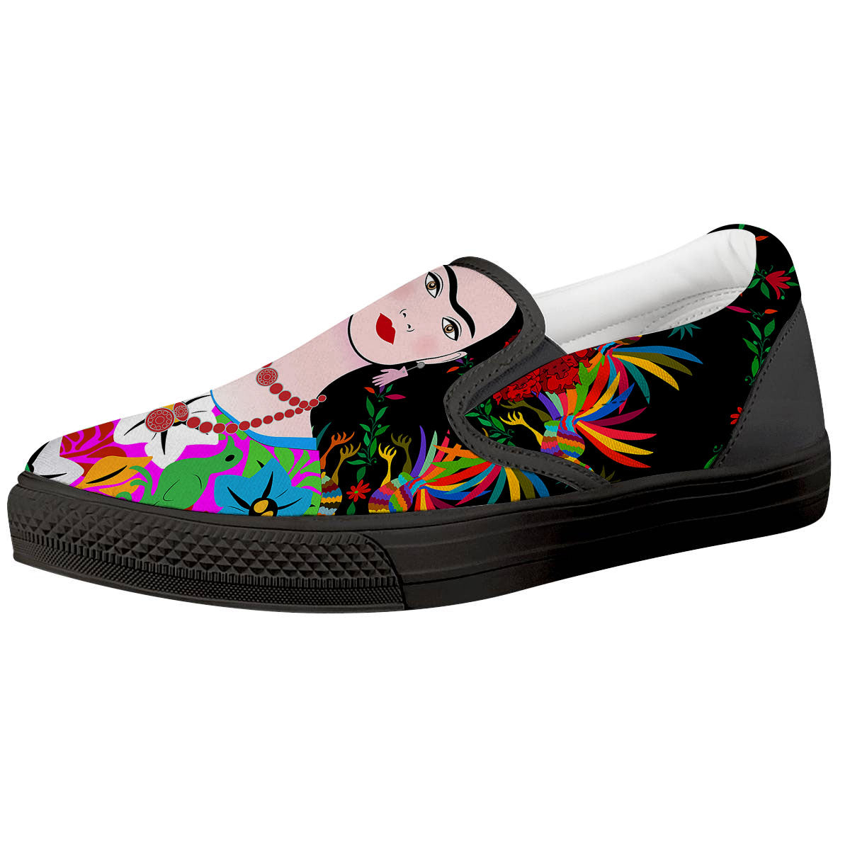 Floral And Frida Kahlo Print Black Slip On Shoes-grizzshop