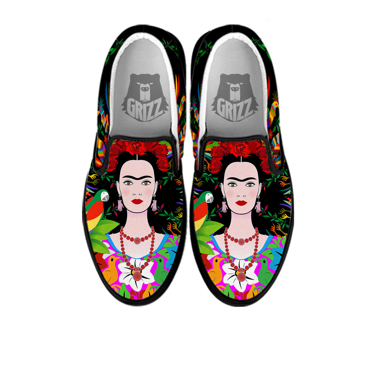 Floral And Frida Kahlo Print Black Slip On Shoes-grizzshop