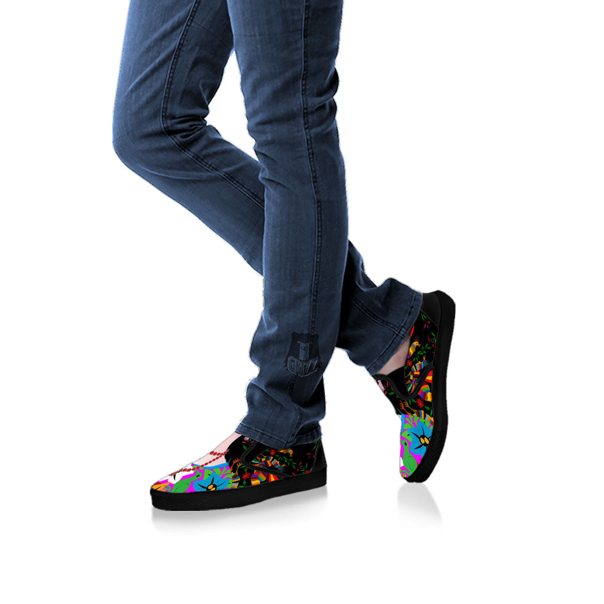 Floral And Frida Kahlo Print Black Slip On Shoes-grizzshop