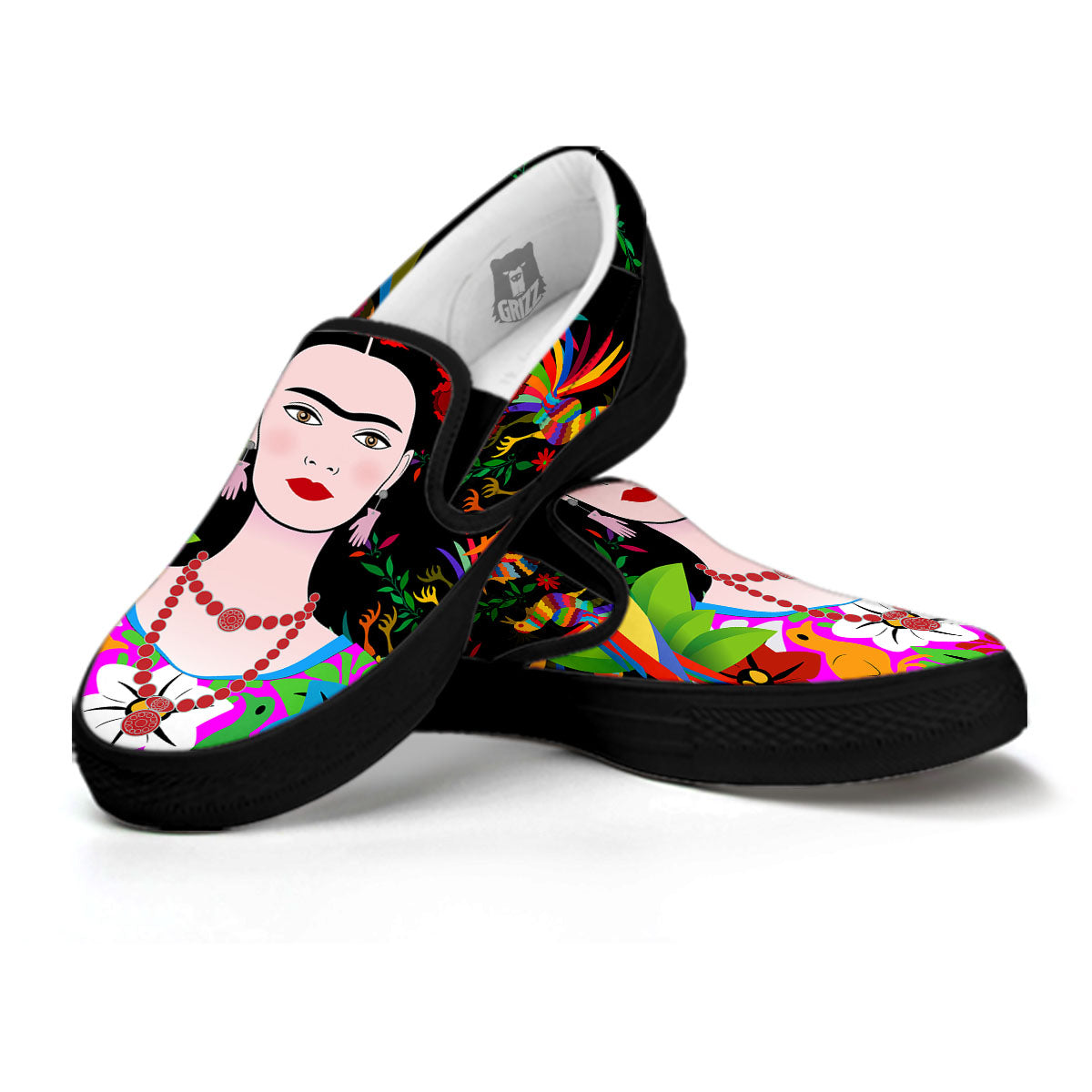 Floral And Frida Kahlo Print Black Slip On Shoes-grizzshop