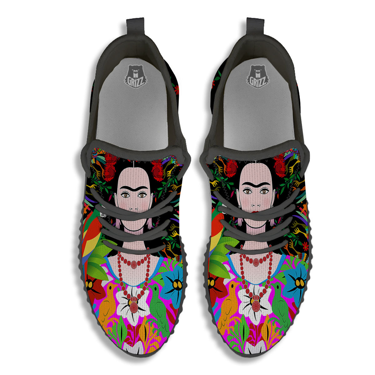 Floral And Frida Kahlo Print Black Walking Shoes-grizzshop