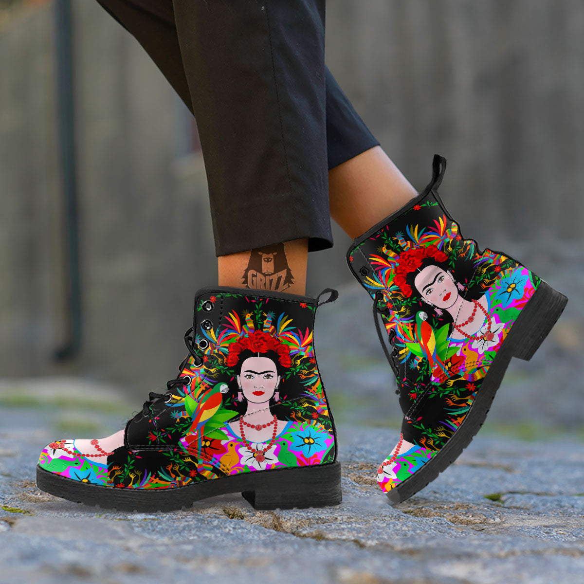 Floral And Frida Kahlo Print Leather Boots-grizzshop
