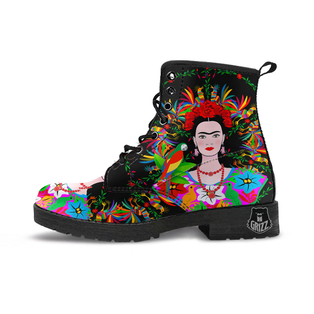 Floral And Frida Kahlo Print Leather Boots-grizzshop