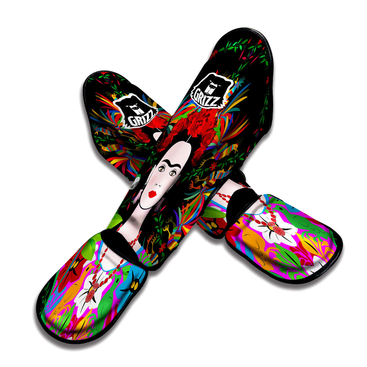 Floral And Frida Kahlo Print Muay Thai Shin Guards-grizzshop