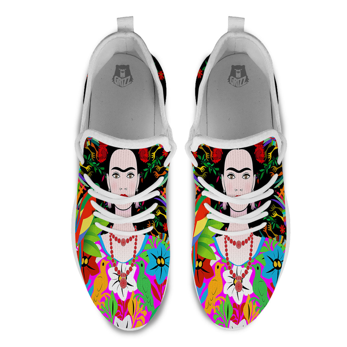 Floral And Frida Kahlo Print White Athletic Shoes-grizzshop