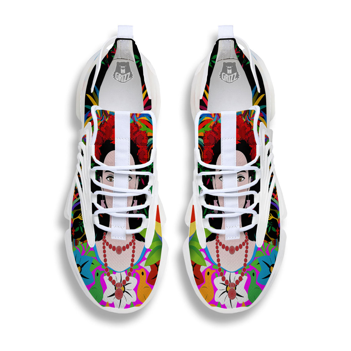 Floral And Frida Kahlo Print White Gym Shoes-grizzshop