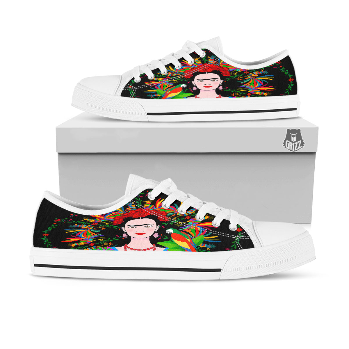 Floral And Frida Kahlo Print White Low Top Shoes-grizzshop