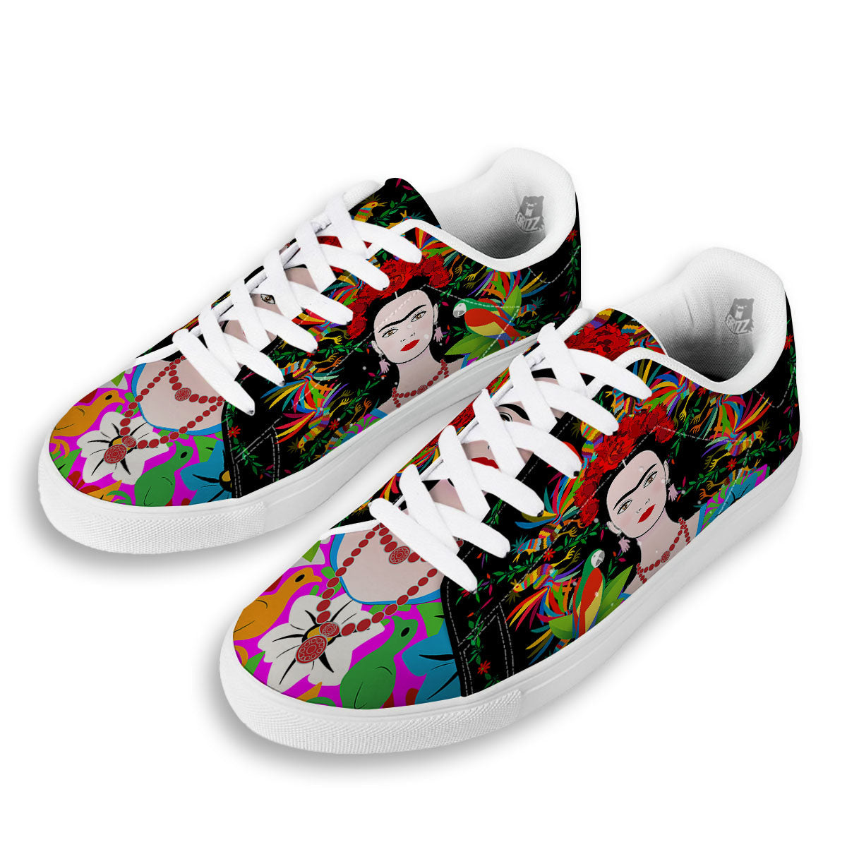 Floral And Frida Kahlo Print White Low Top Sneakers-grizzshop