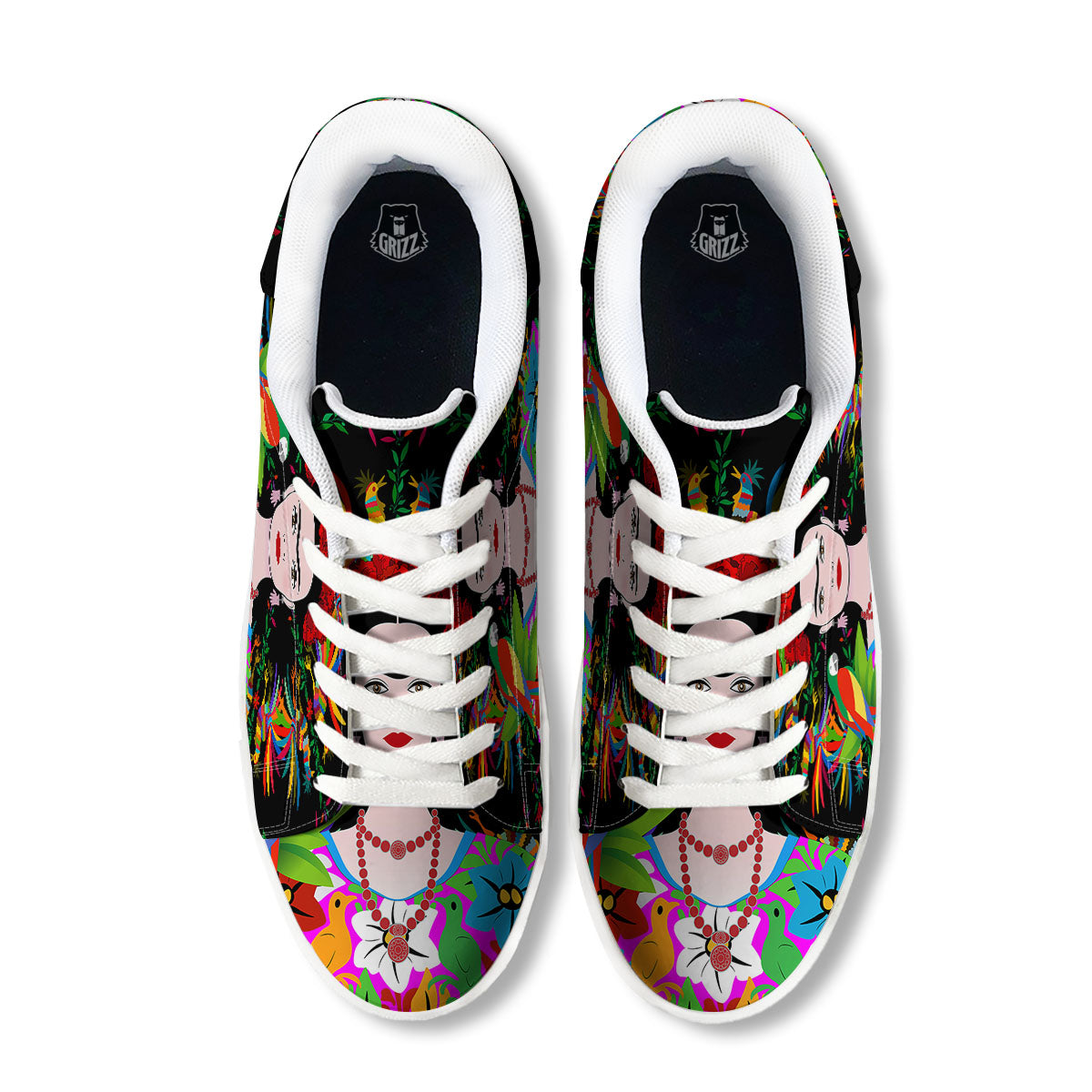 Floral And Frida Kahlo Print White Low Top Sneakers-grizzshop