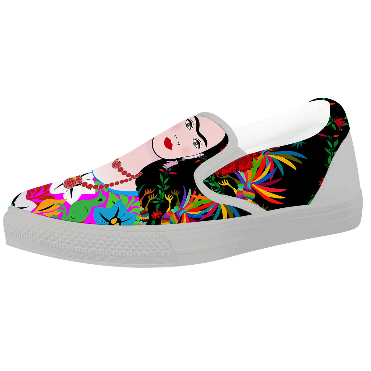 Floral And Frida Kahlo Print White Slip On Shoes-grizzshop