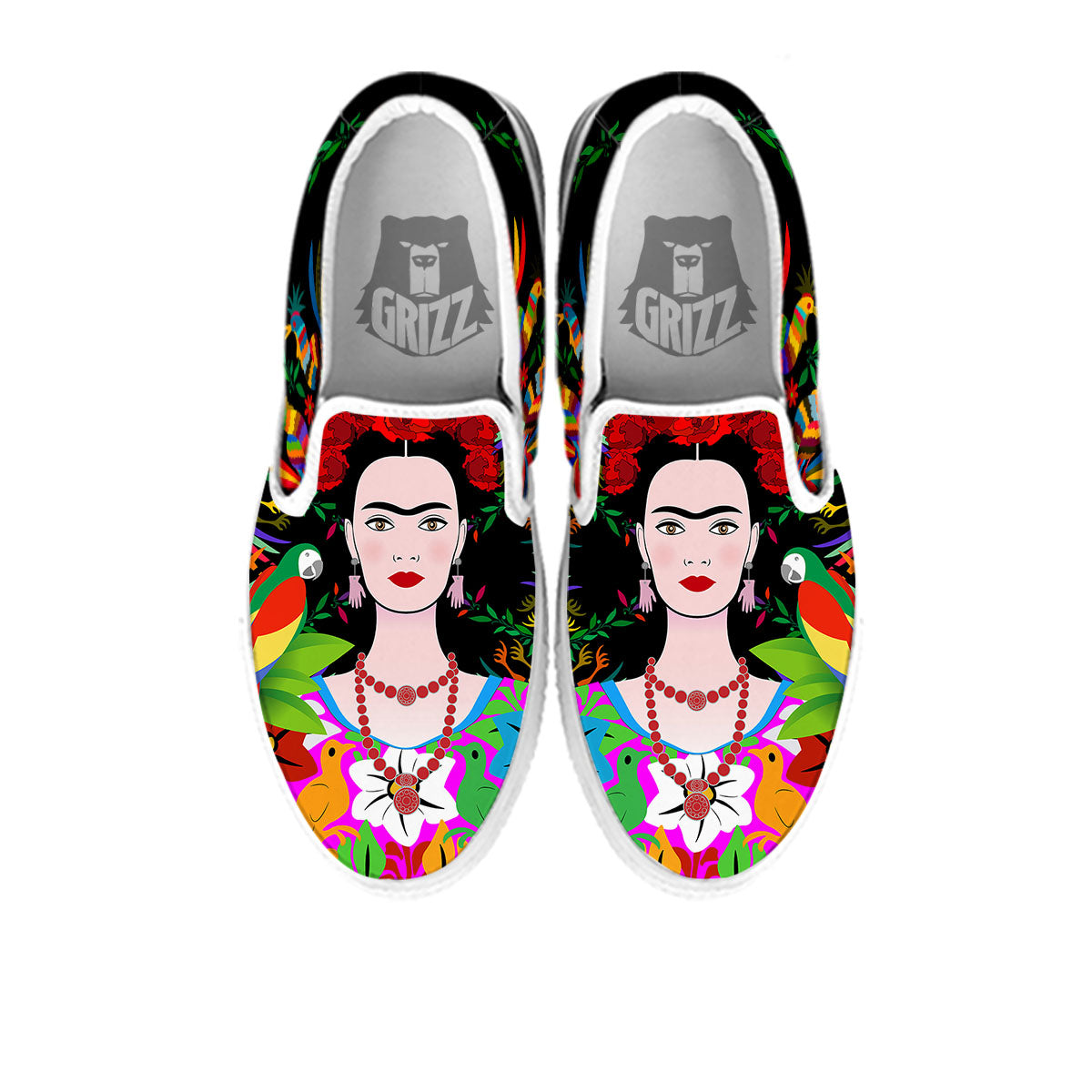 Floral And Frida Kahlo Print White Slip On Shoes-grizzshop