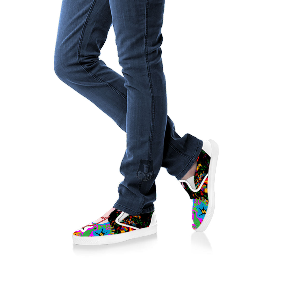 Floral And Frida Kahlo Print White Slip On Shoes-grizzshop