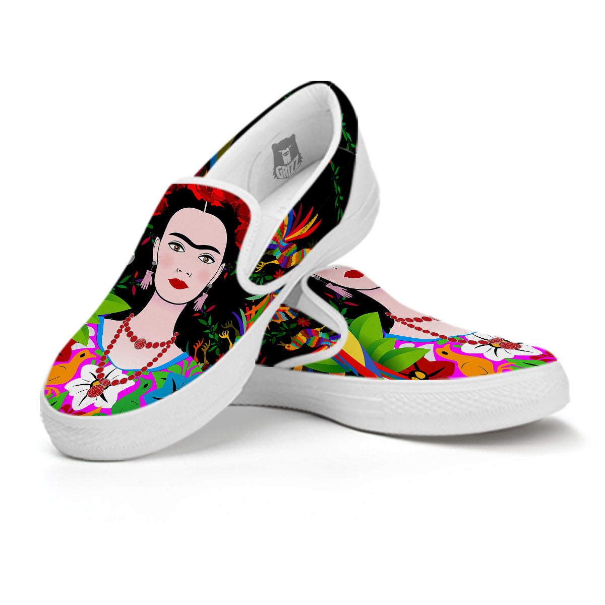 Floral And Frida Kahlo Print White Slip On Shoes-grizzshop