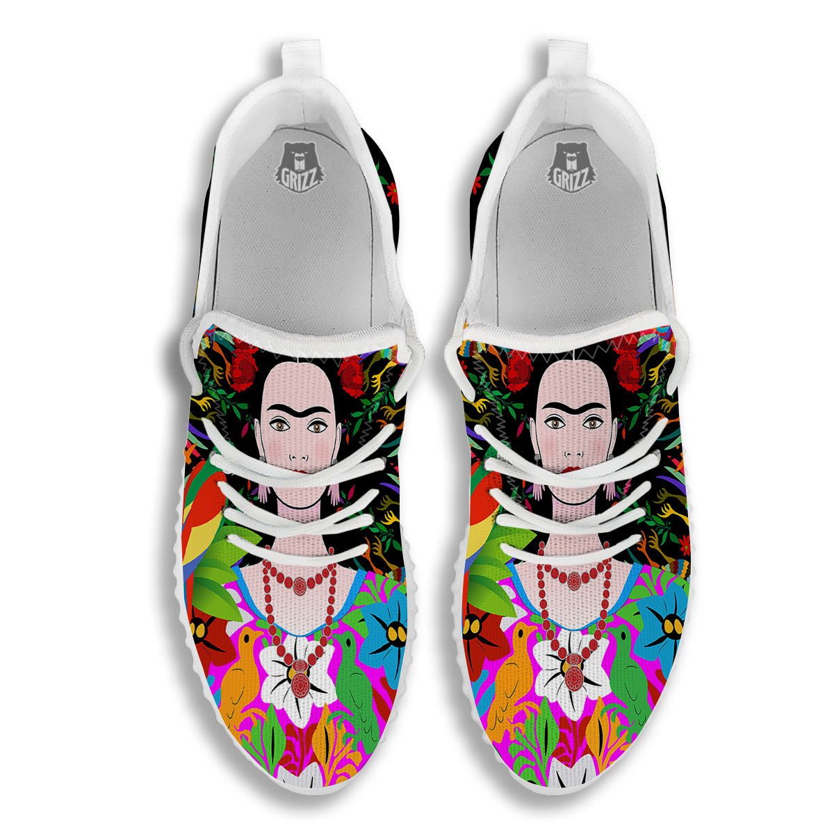 Floral And Frida Kahlo Print White Walking Shoes-grizzshop