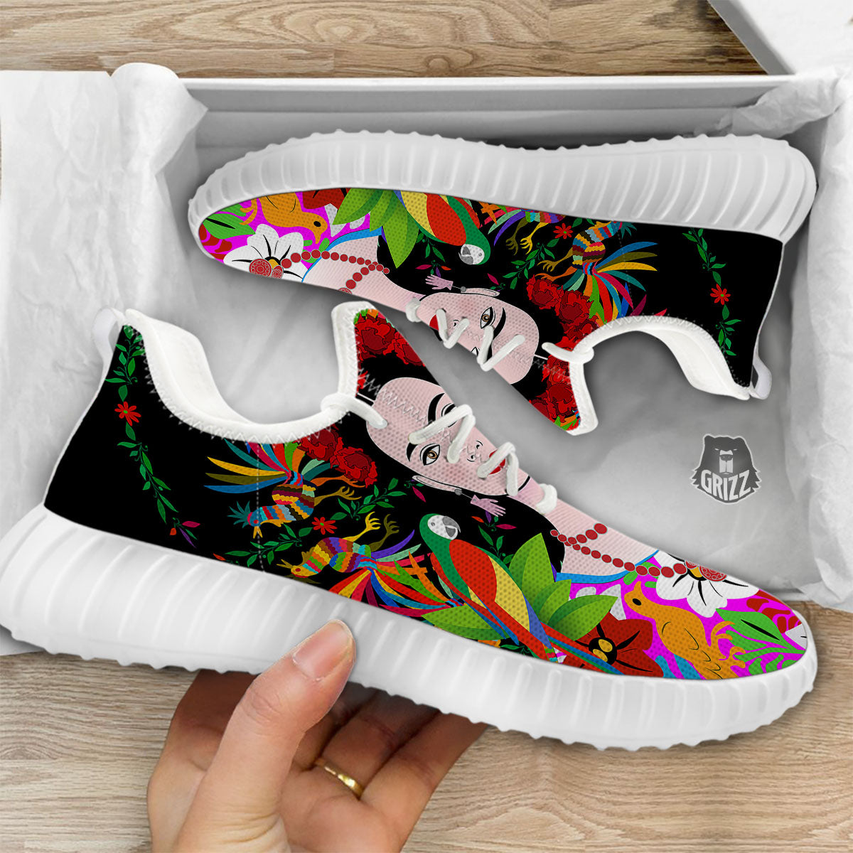 Floral And Frida Kahlo Print White Walking Shoes-grizzshop