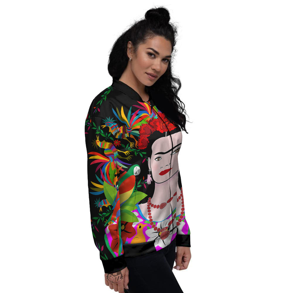 Floral And Frida Kahlo Print Women's Bomber Jacket-grizzshop