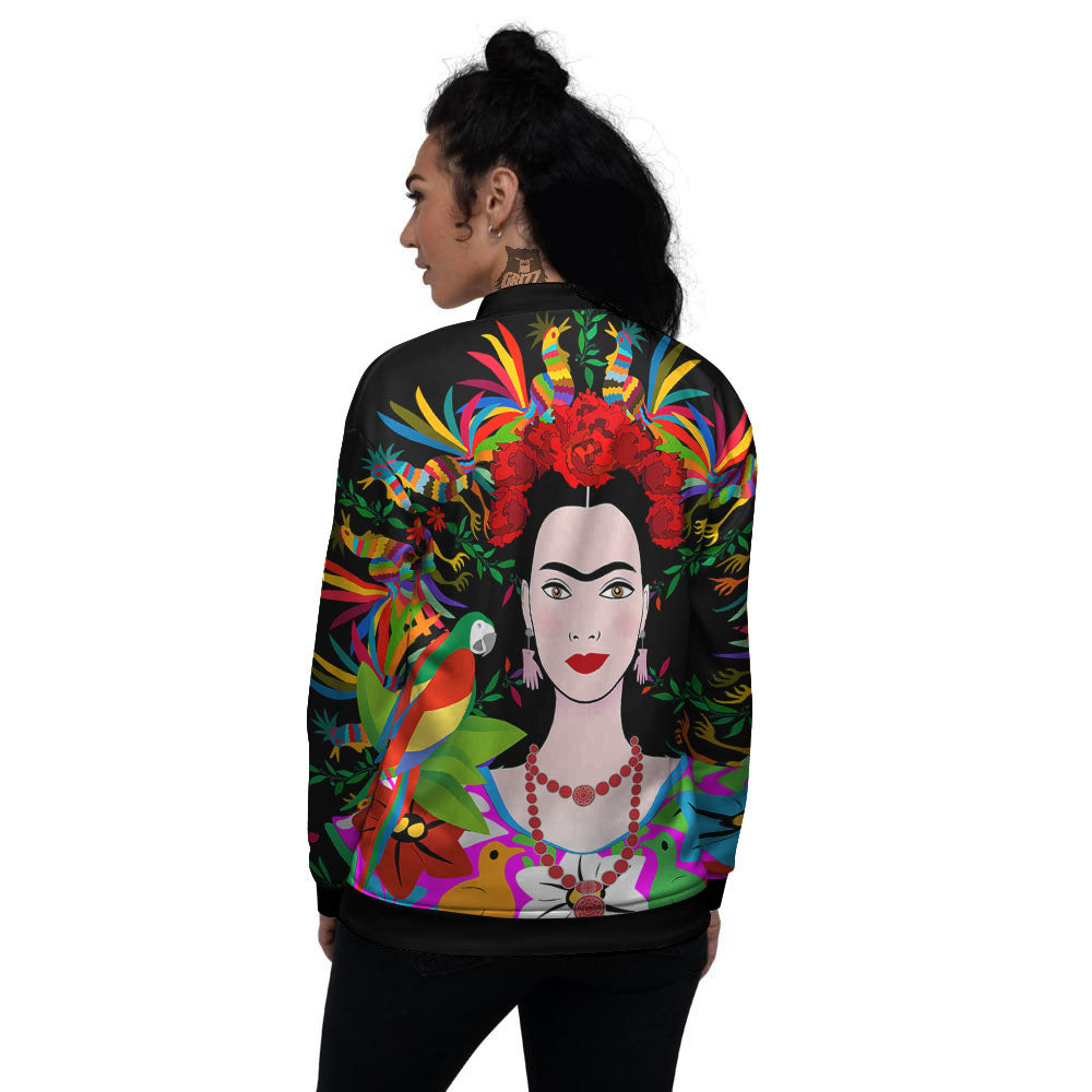Floral And Frida Kahlo Print Women's Bomber Jacket-grizzshop