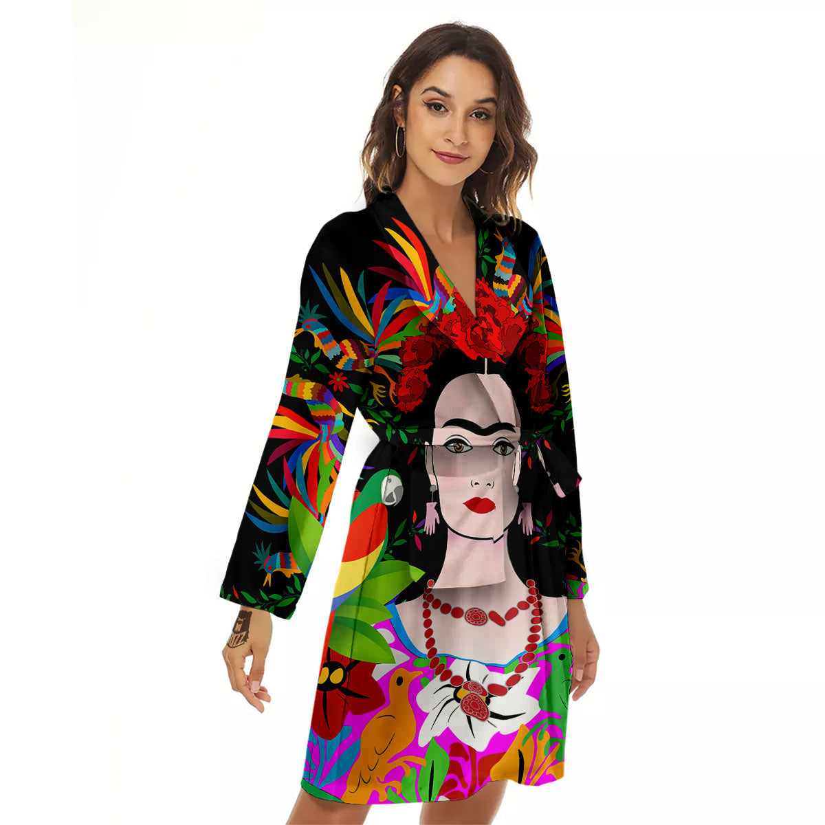 Floral And Frida Kahlo Print Women's Robe-grizzshop
