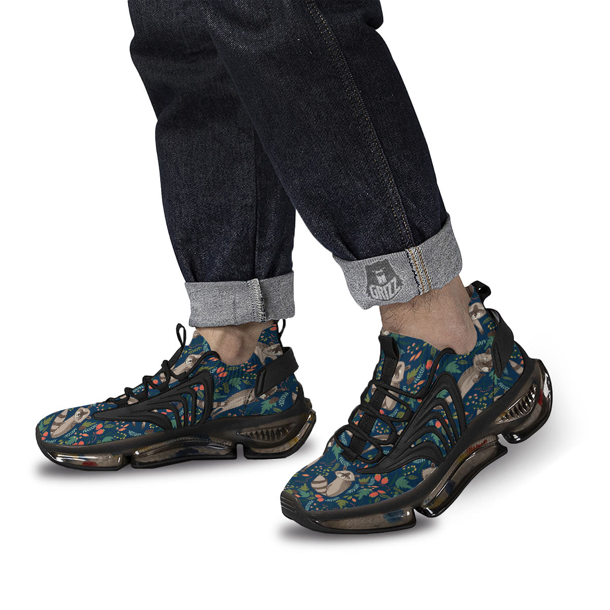 Floral And Raccoon Print Pattern Black Gym Shoes-grizzshop