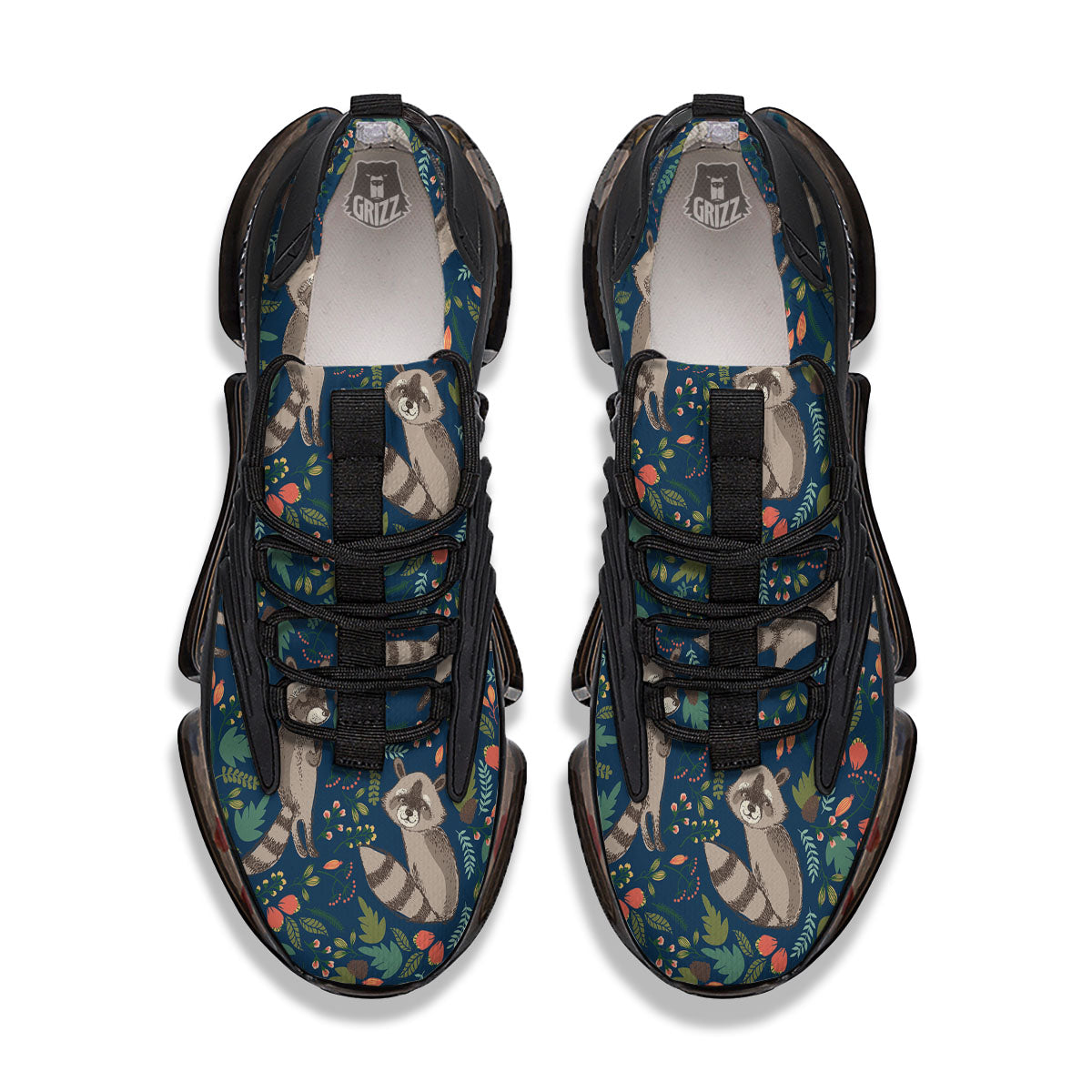 Floral And Raccoon Print Pattern Black Gym Shoes-grizzshop