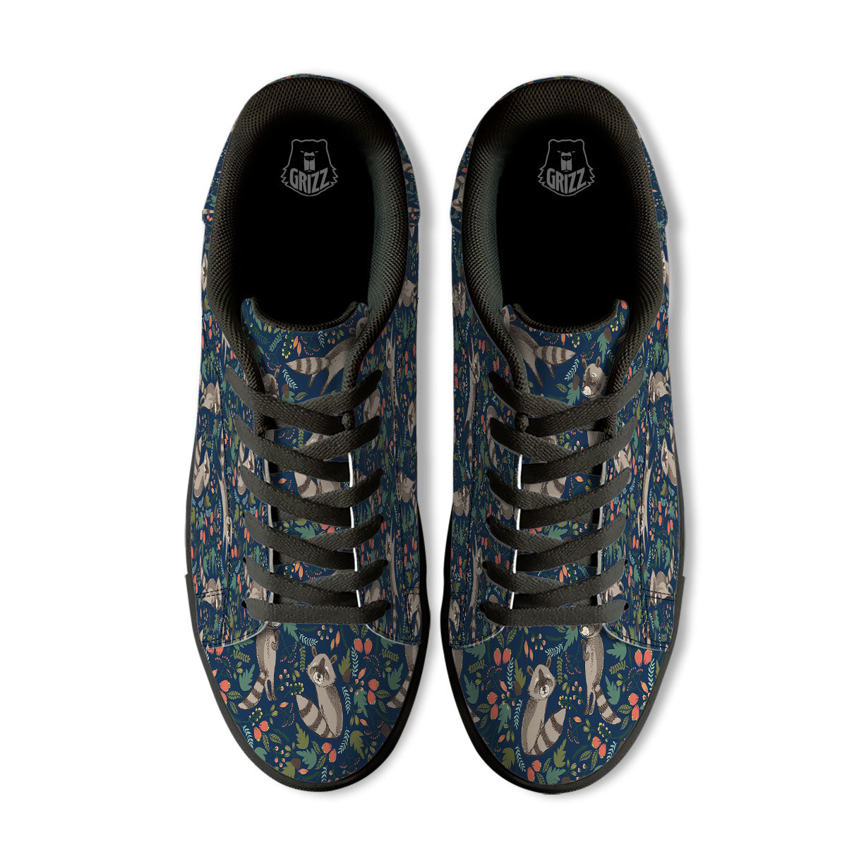Floral And Raccoon Print Pattern Black Low Top Sneakers-grizzshop