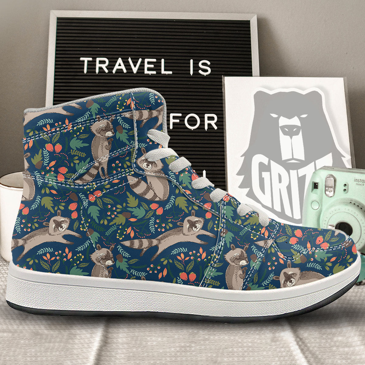 Floral And Raccoon Print Pattern High Top Sneakers-grizzshop