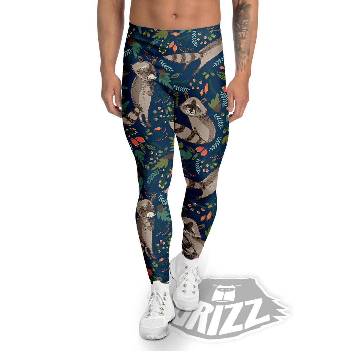 Floral And Raccoon Print Pattern Men's Leggings-grizzshop