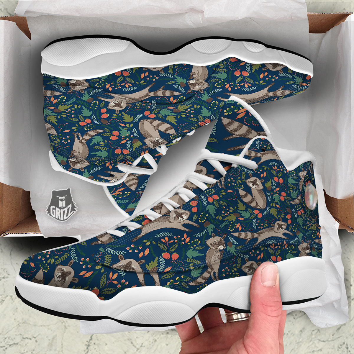 Floral And Raccoon Print Pattern White Basketball Shoes-grizzshop