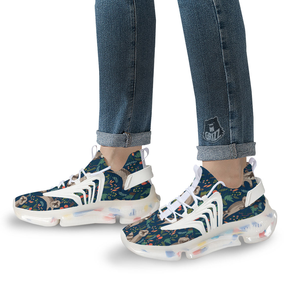 Floral And Raccoon Print Pattern White Gym Shoes-grizzshop