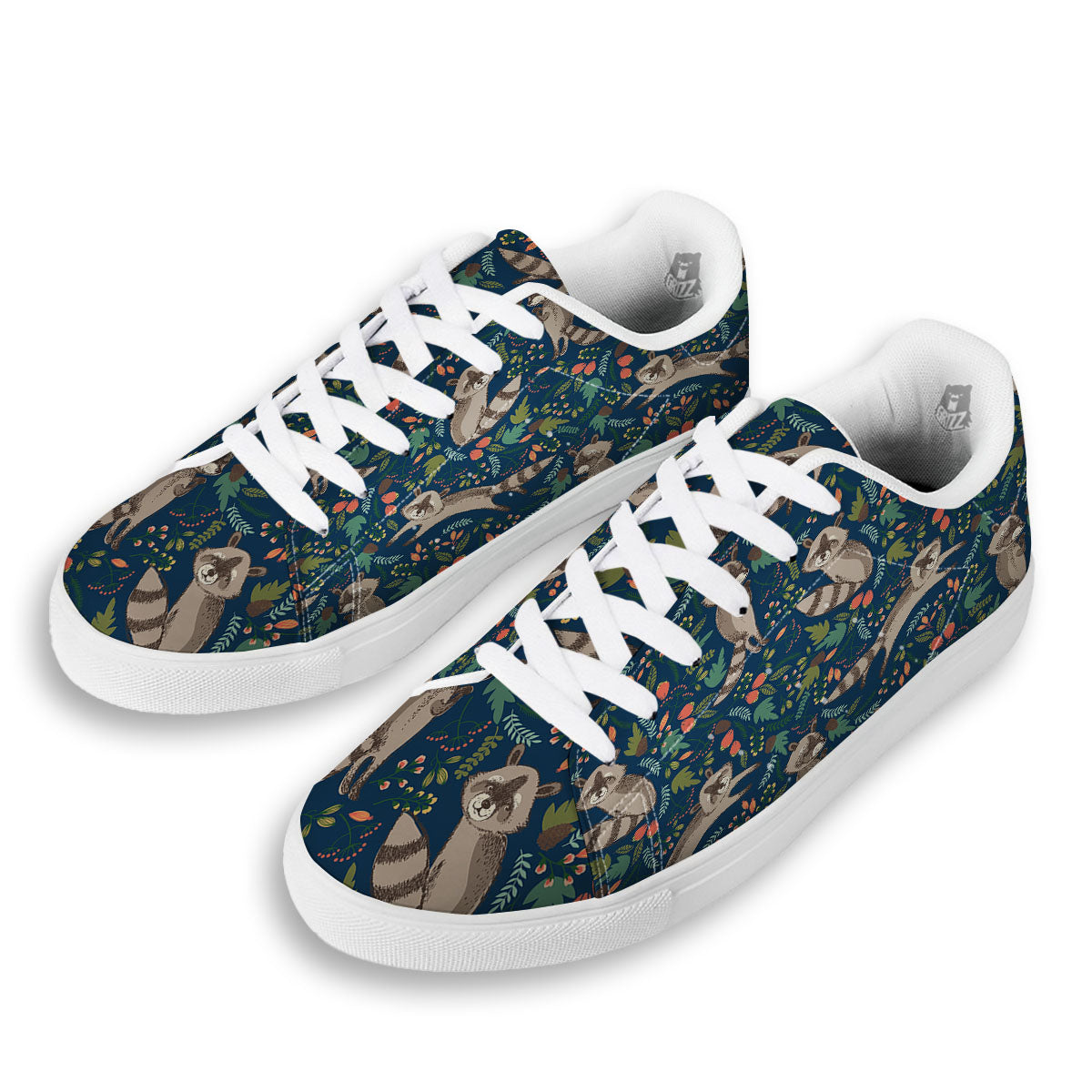 Floral And Raccoon Print Pattern White Low Top Sneakers-grizzshop