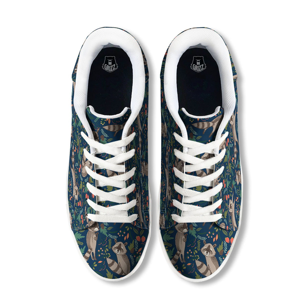 Floral And Raccoon Print Pattern White Low Top Sneakers-grizzshop