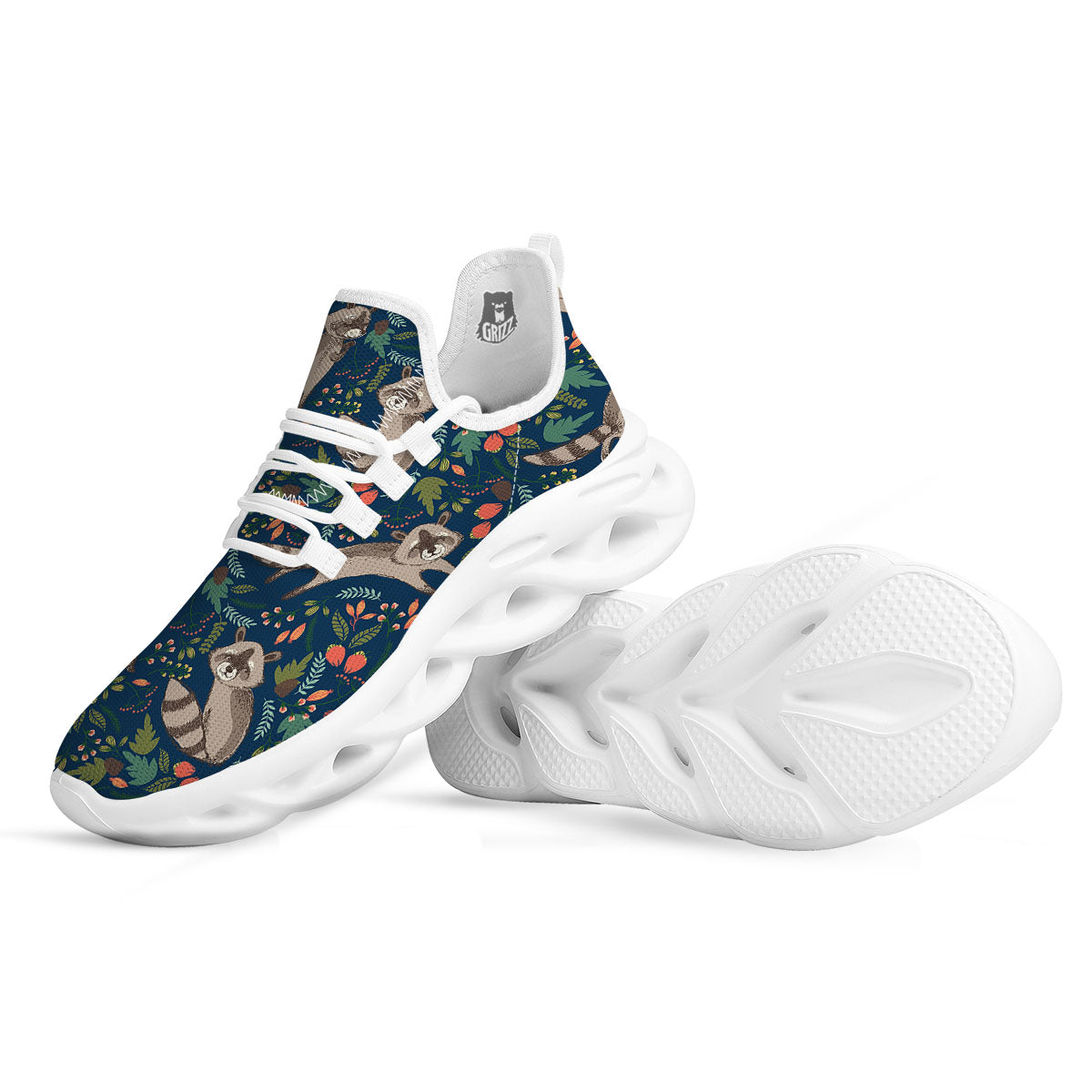 Floral And Raccoon Print Pattern White Running Shoes-grizzshop