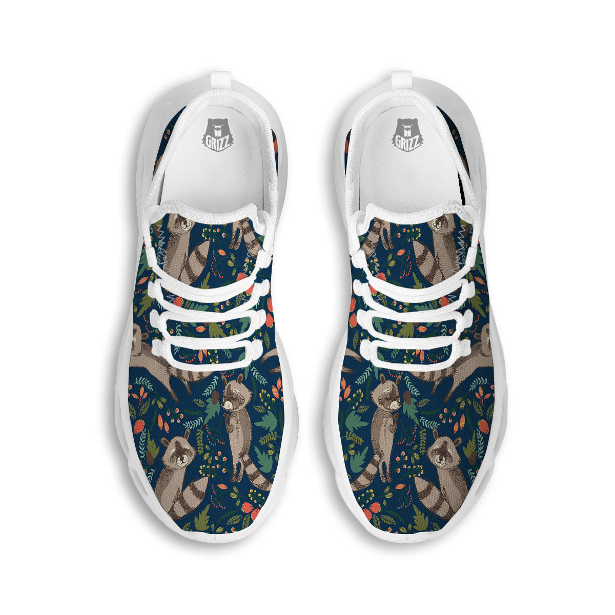 Floral And Raccoon Print Pattern White Running Shoes-grizzshop