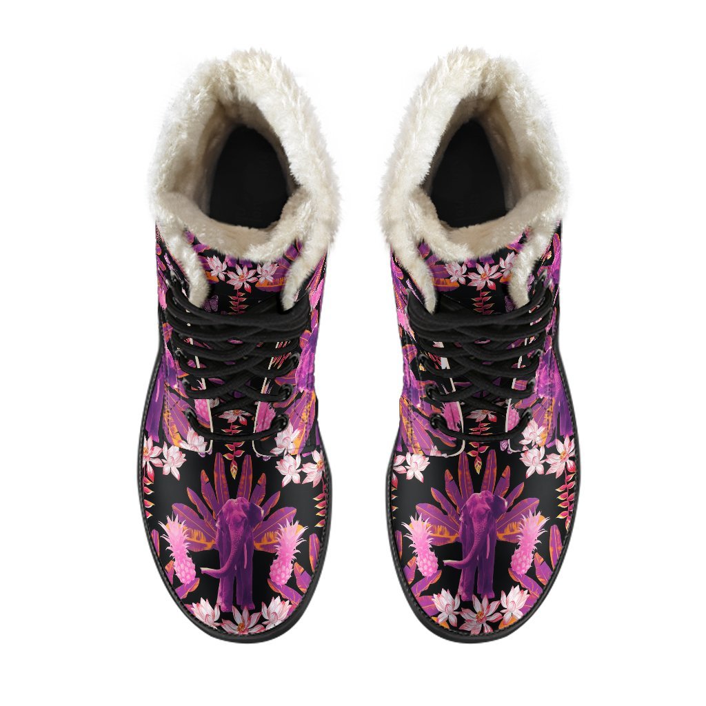 Floral Banana Leaves Elephant Print Comfy Winter Boots-grizzshop