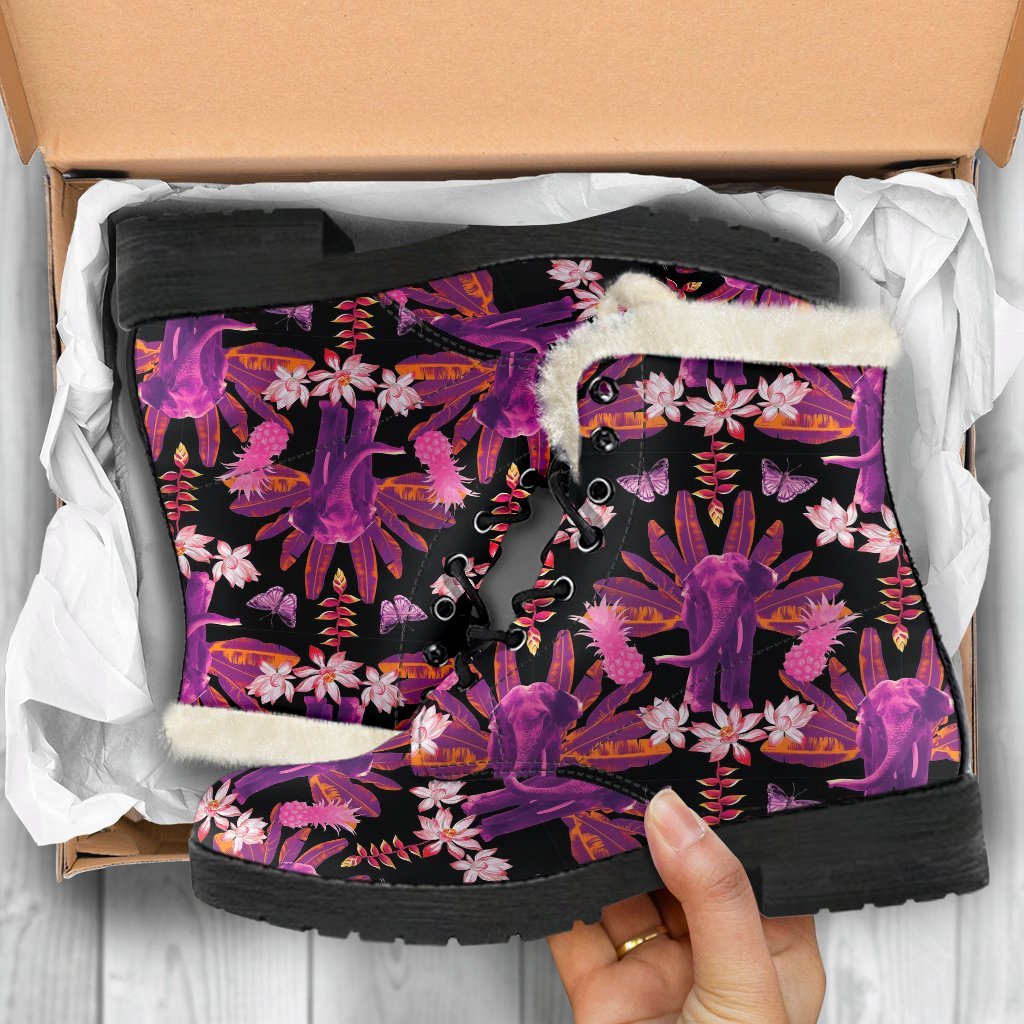 Floral Banana Leaves Elephant Print Comfy Winter Boots-grizzshop