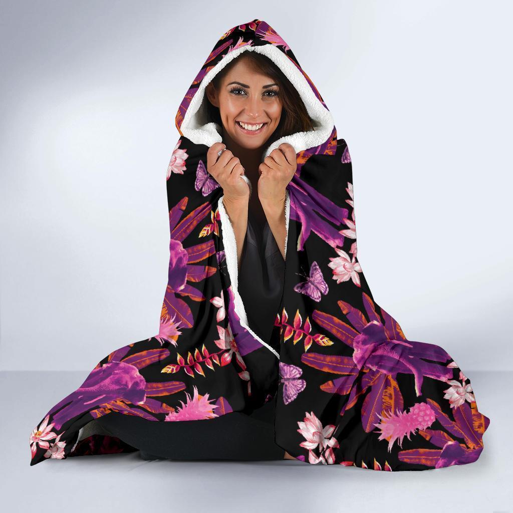 Floral Banana Leaves Elephant Print Hooded Blanket-grizzshop