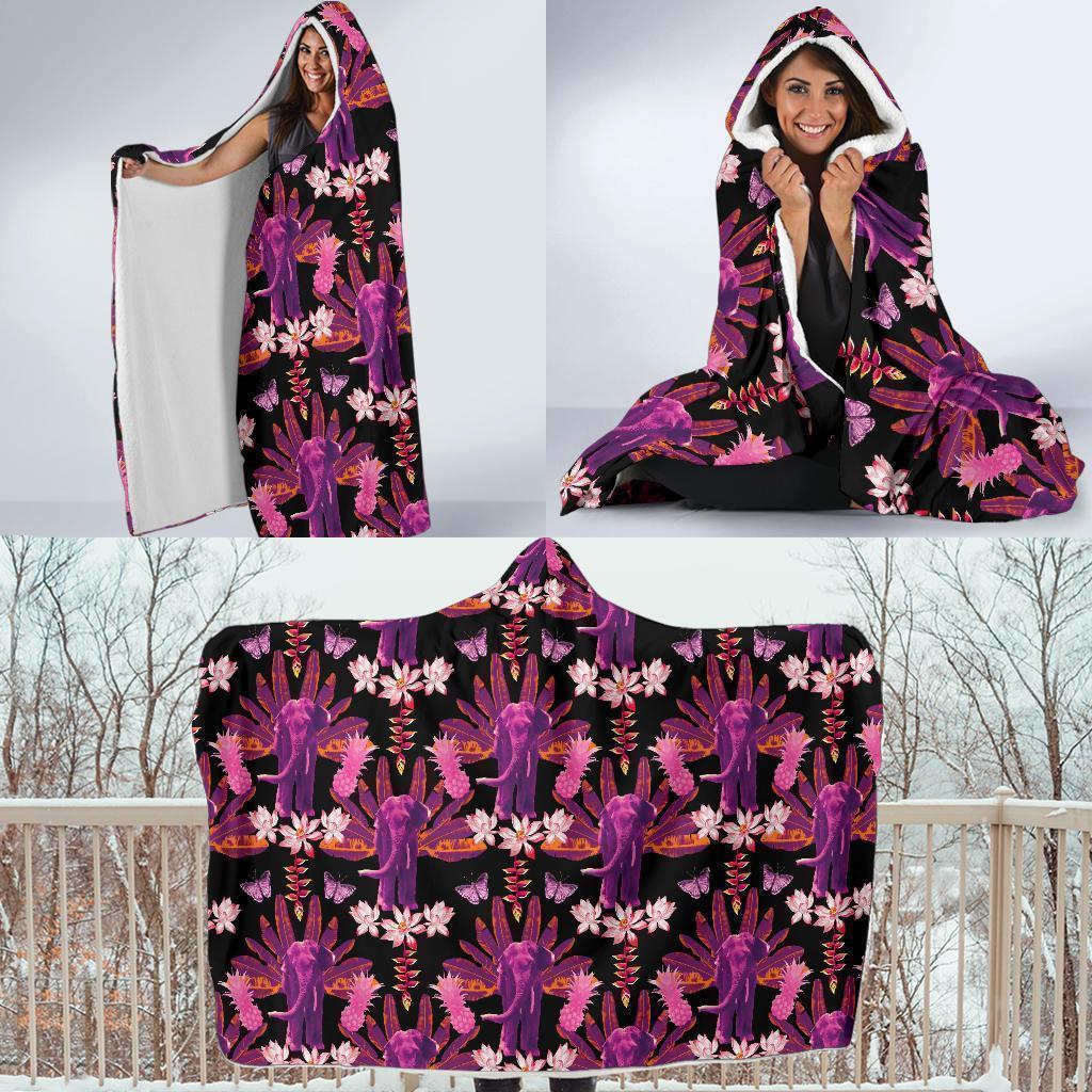 Floral Banana Leaves Elephant Print Hooded Blanket-grizzshop