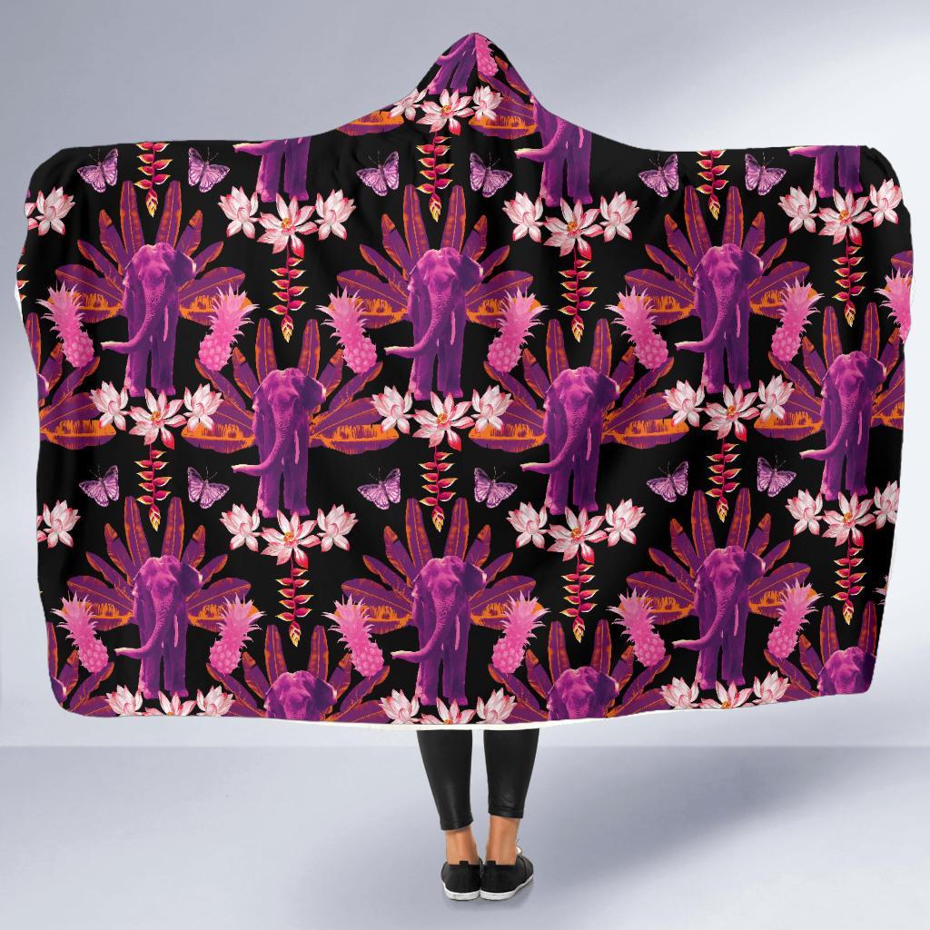 Floral Banana Leaves Elephant Print Hooded Blanket-grizzshop
