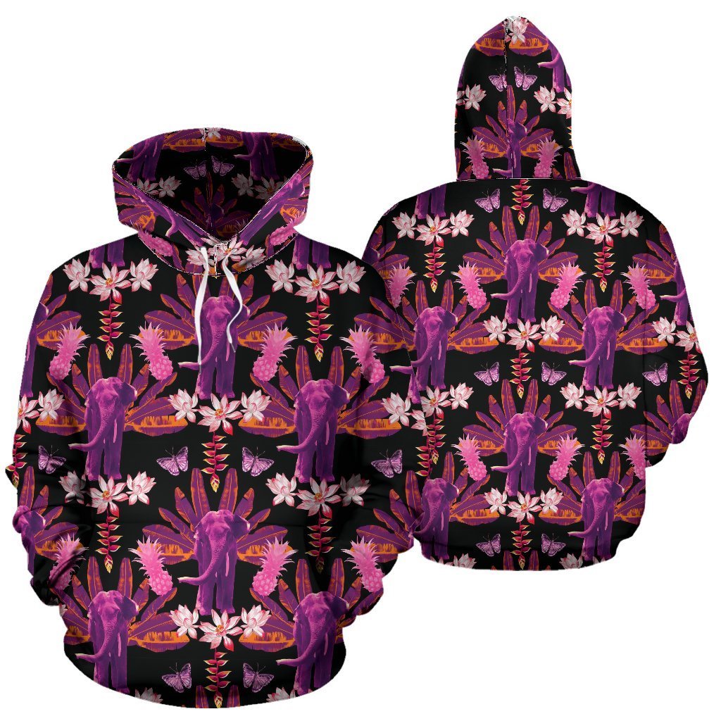 Floral Banana Leaves Elephant Print Women Men Pullover Hoodie-grizzshop