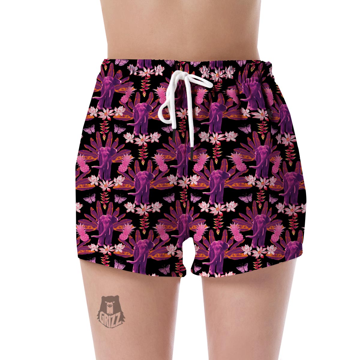 Floral Banana Leaves Elephant Print Women's Shorts-grizzshop