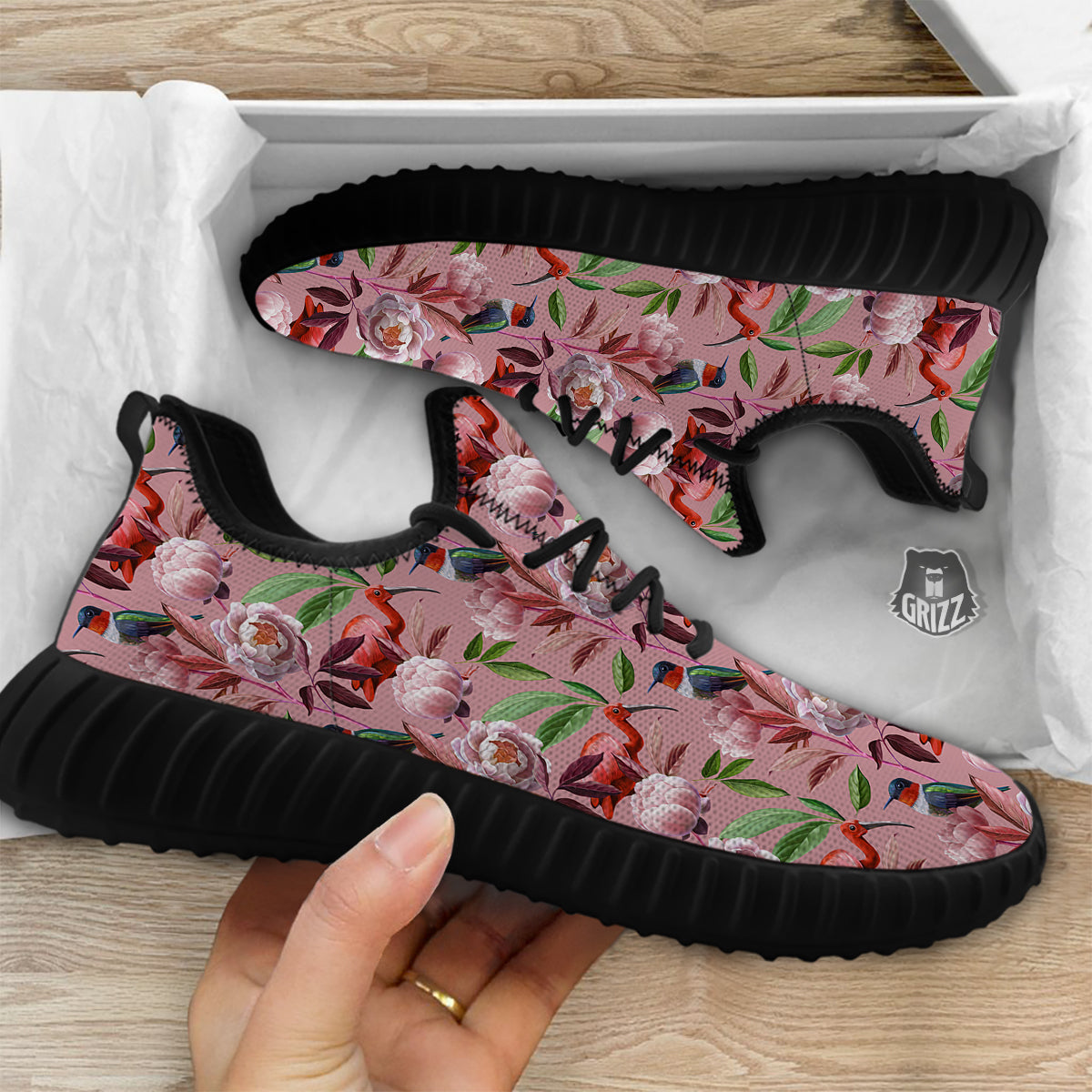 Floral Bird Pink Print Pattern Black Walking Shoes-grizzshop
