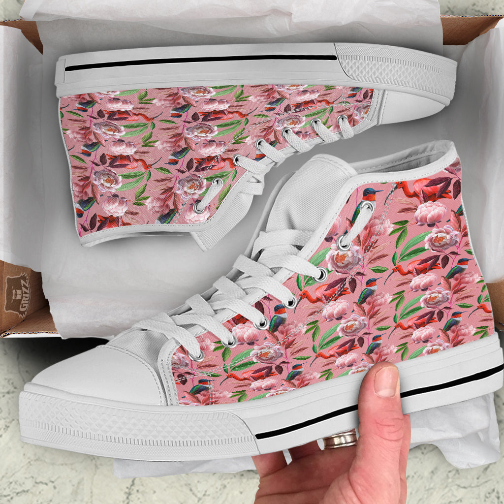 Floral Bird Pink Print Pattern White High Top Shoes-grizzshop