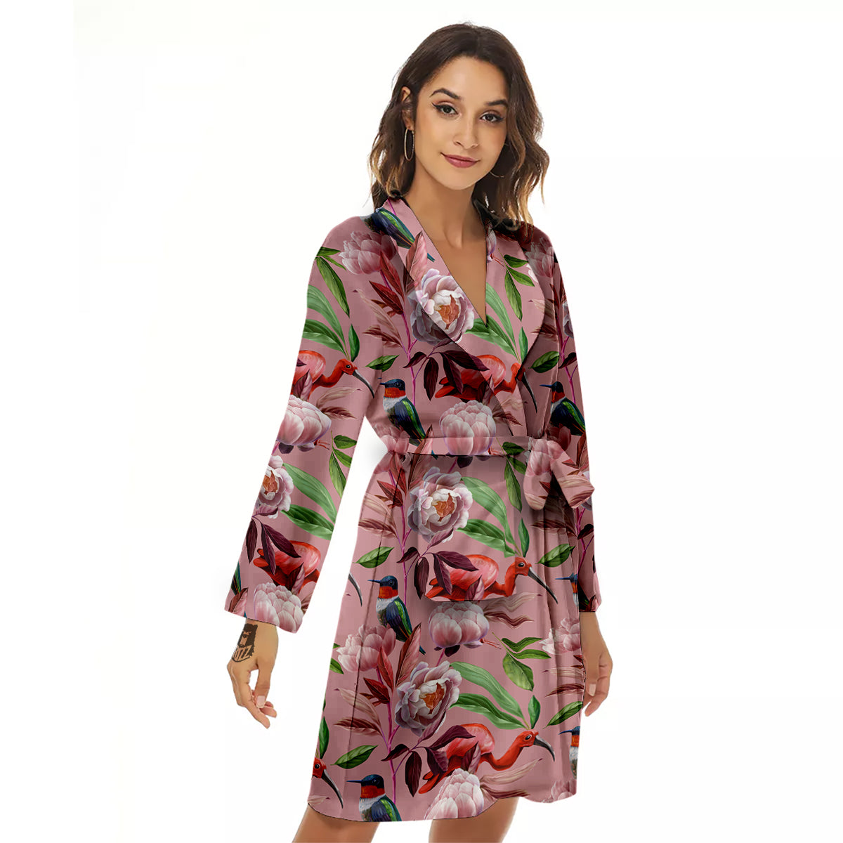 Floral Bird Pink Print Pattern Women's Robe-grizzshop