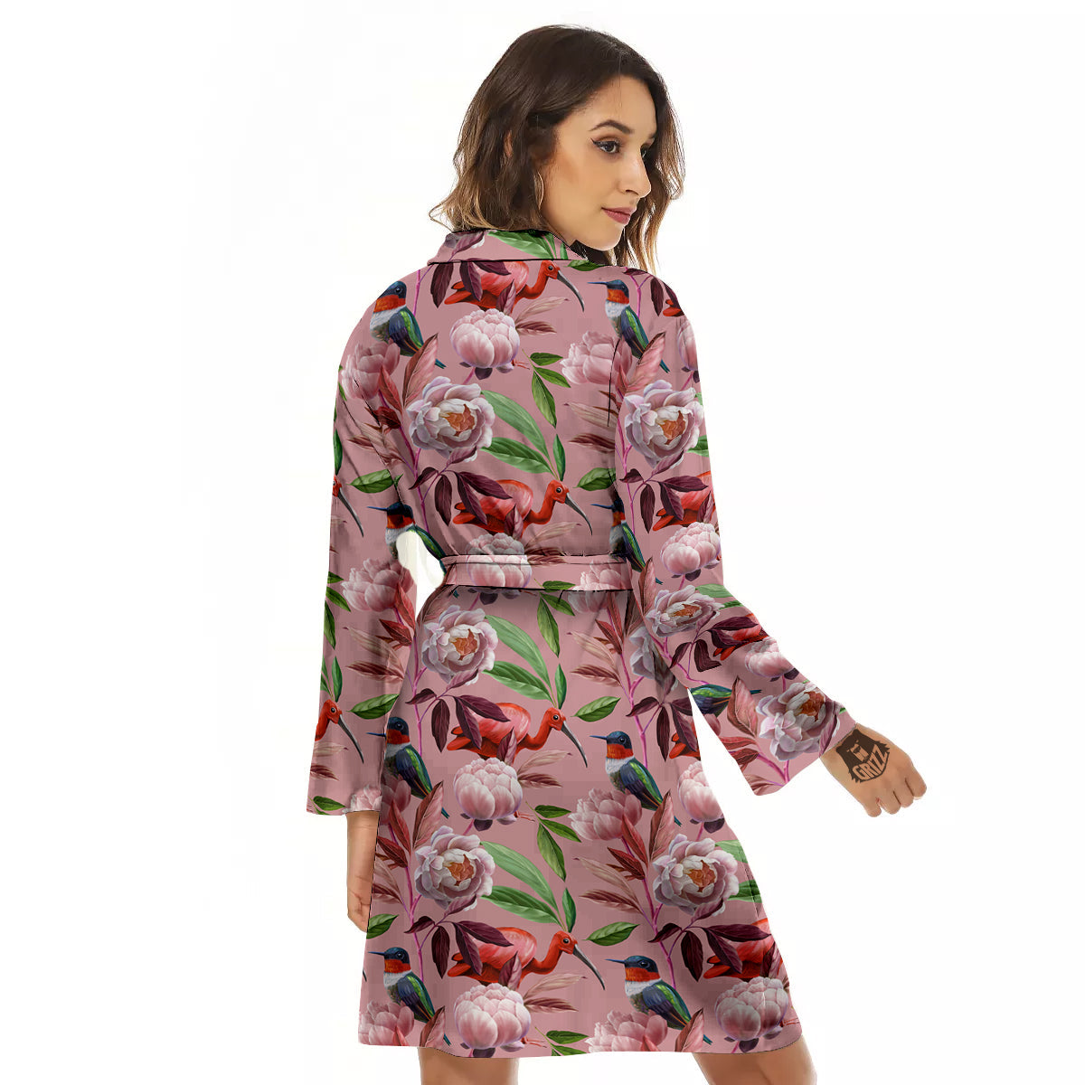 Floral Bird Pink Print Pattern Women's Robe-grizzshop