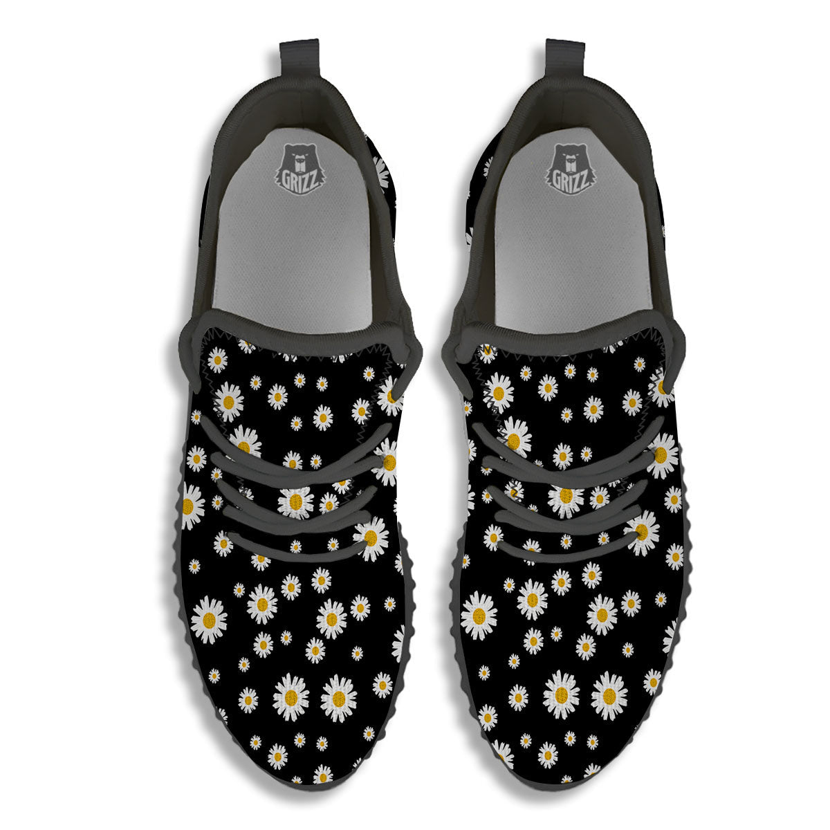 Floral Black Daisy Print Pattern Black Walking Shoes-grizzshop