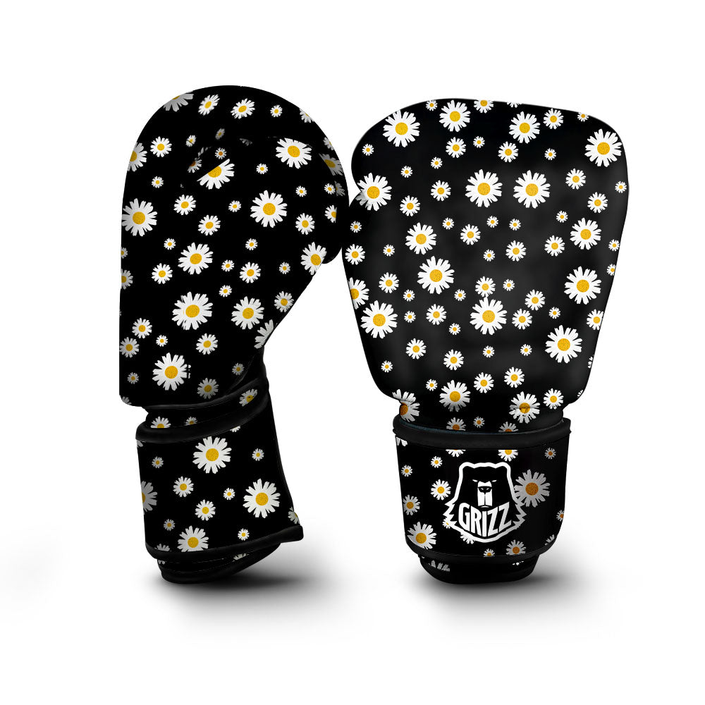 Floral Black Daisy Print Pattern Boxing Gloves-grizzshop