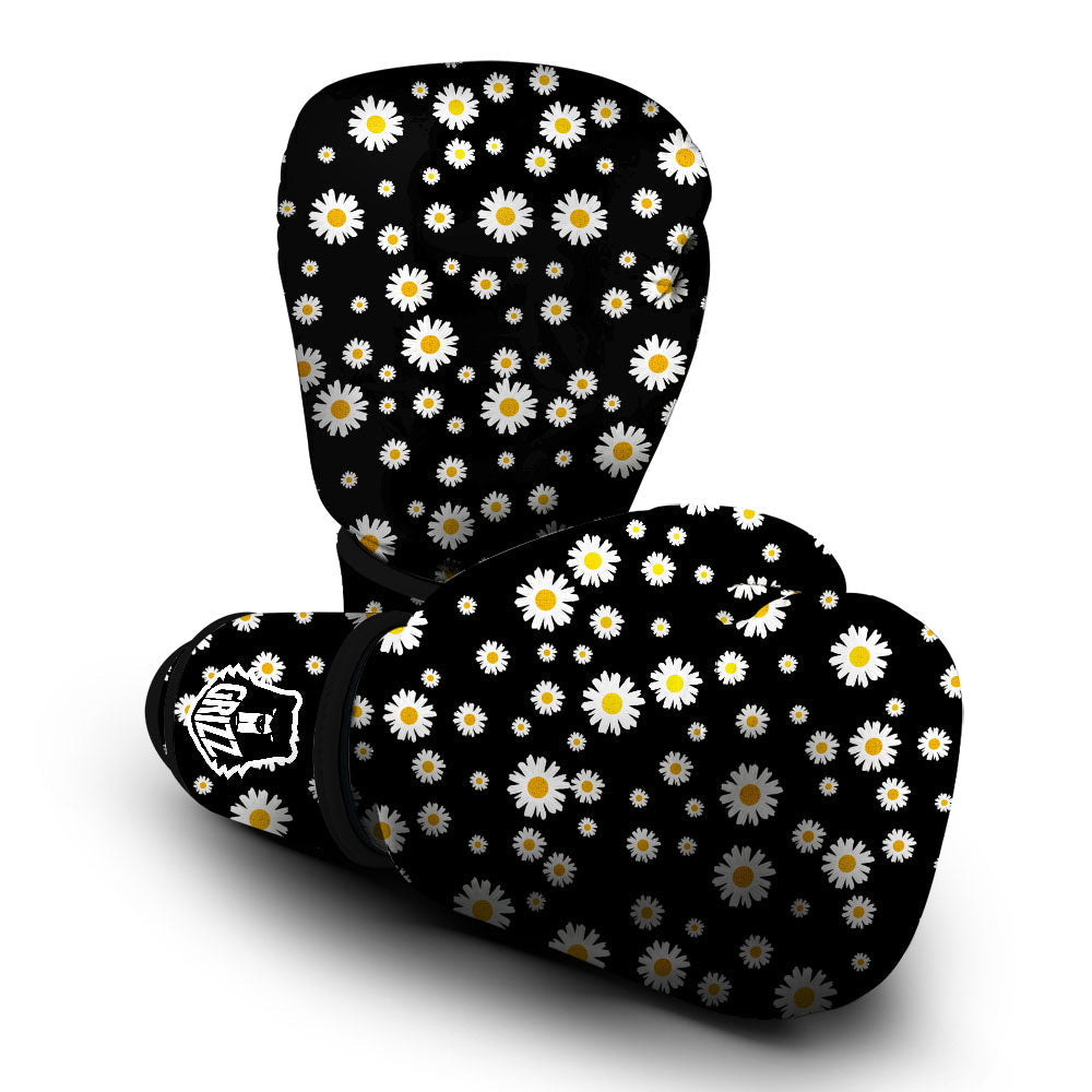 Floral Black Daisy Print Pattern Boxing Gloves-grizzshop