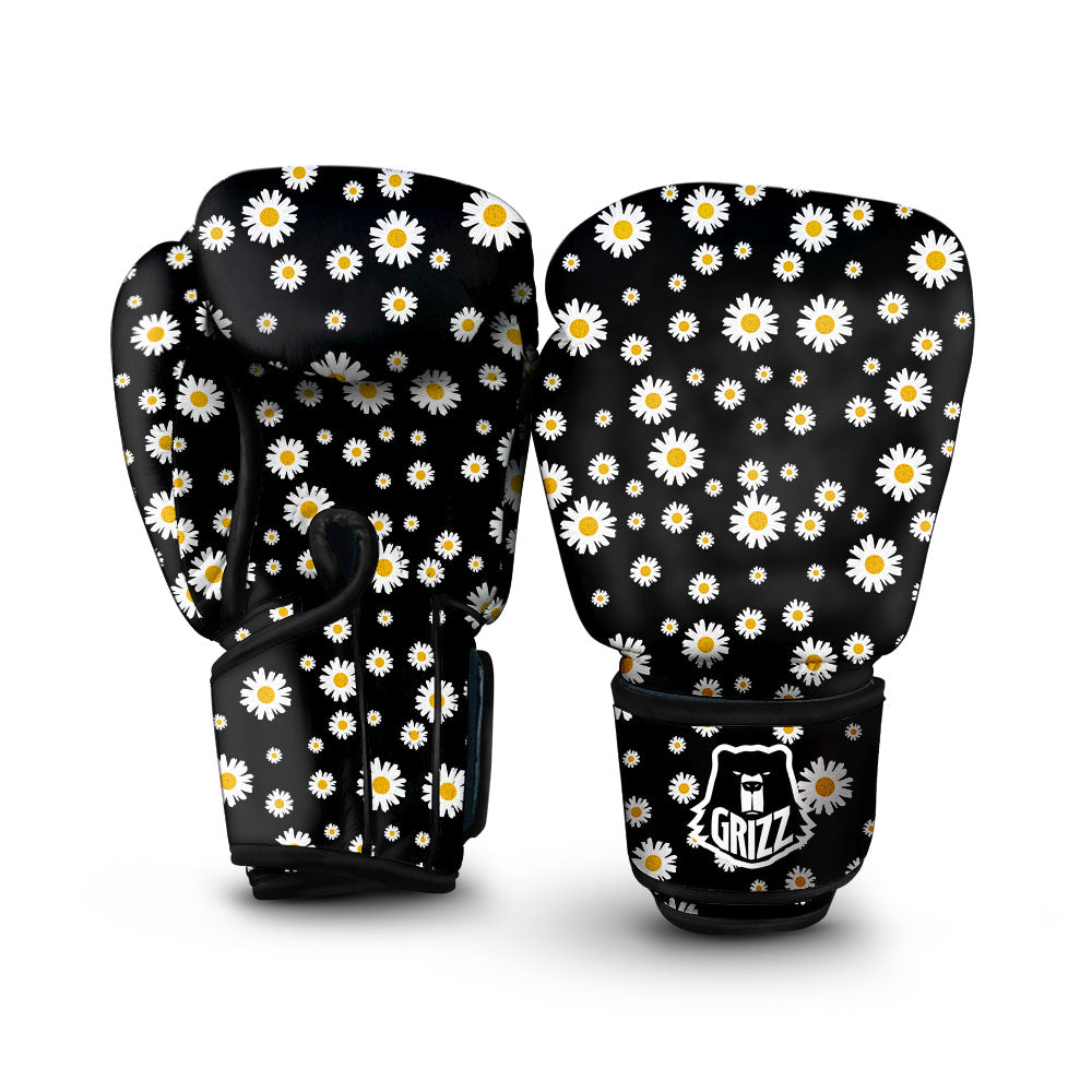 Floral Black Daisy Print Pattern Boxing Gloves-grizzshop