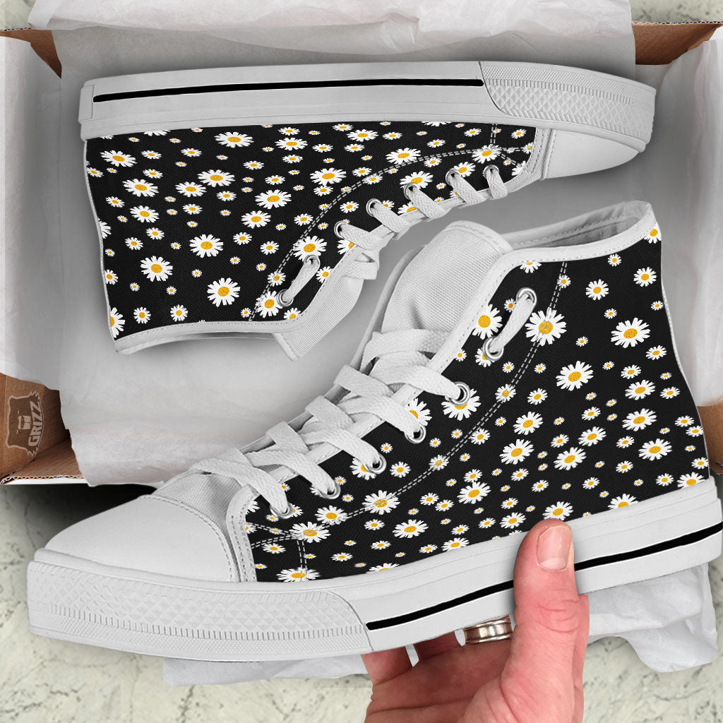 Floral Black Daisy Print Pattern White High Top Shoes-grizzshop