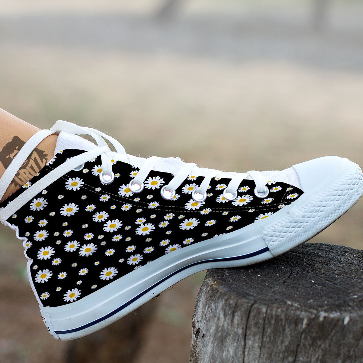 Floral Black Daisy Print Pattern White High Top Shoes-grizzshop